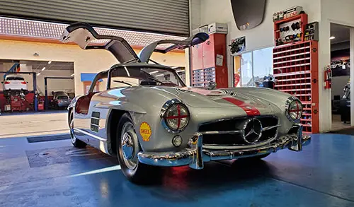 Classic Mercedes-Benz 300SL Gullwing inside the HG Performance shop